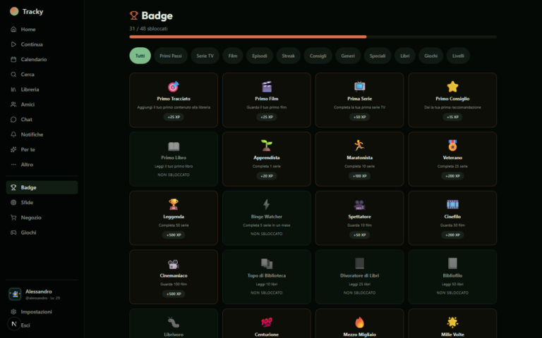 Screenshot Tracky: la sezione badge e sfide