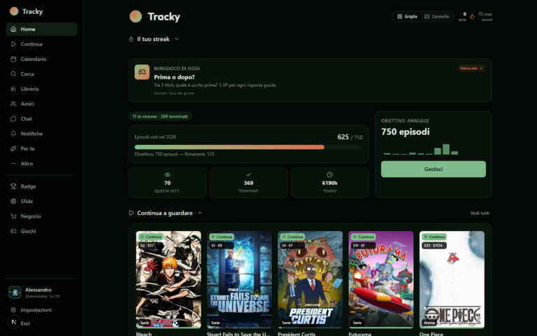 Screenshot Tracky: home con la griglia della libreria